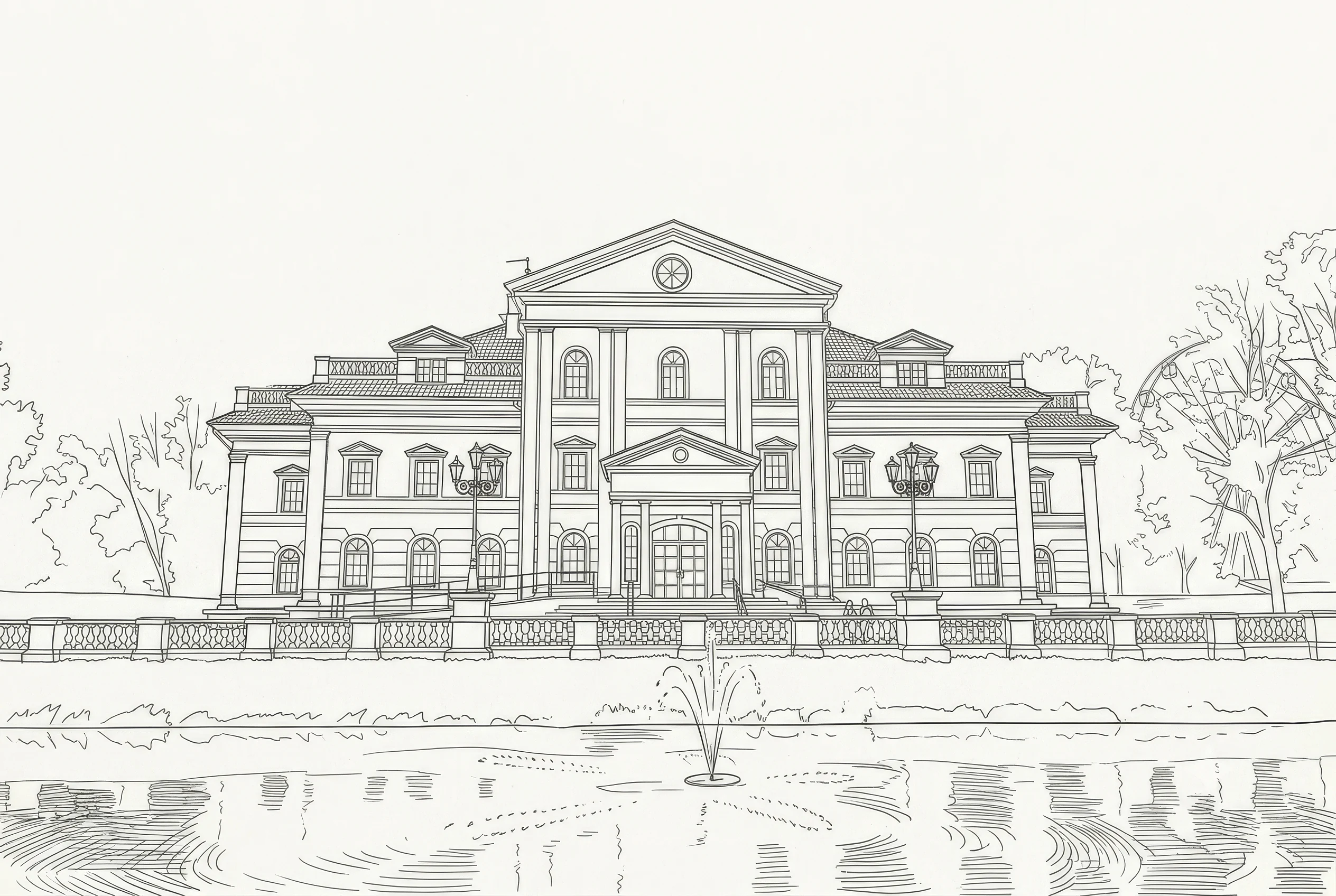 The same view as an uncoloured line drawing: a symmetrical three-storey mansion with a central pediment and round window over a columned portico, ranks of arched windows, a pair of ornate lamp posts, a stone balustrade along the water&rsquo;s edge, and a fountain playing in the pond.