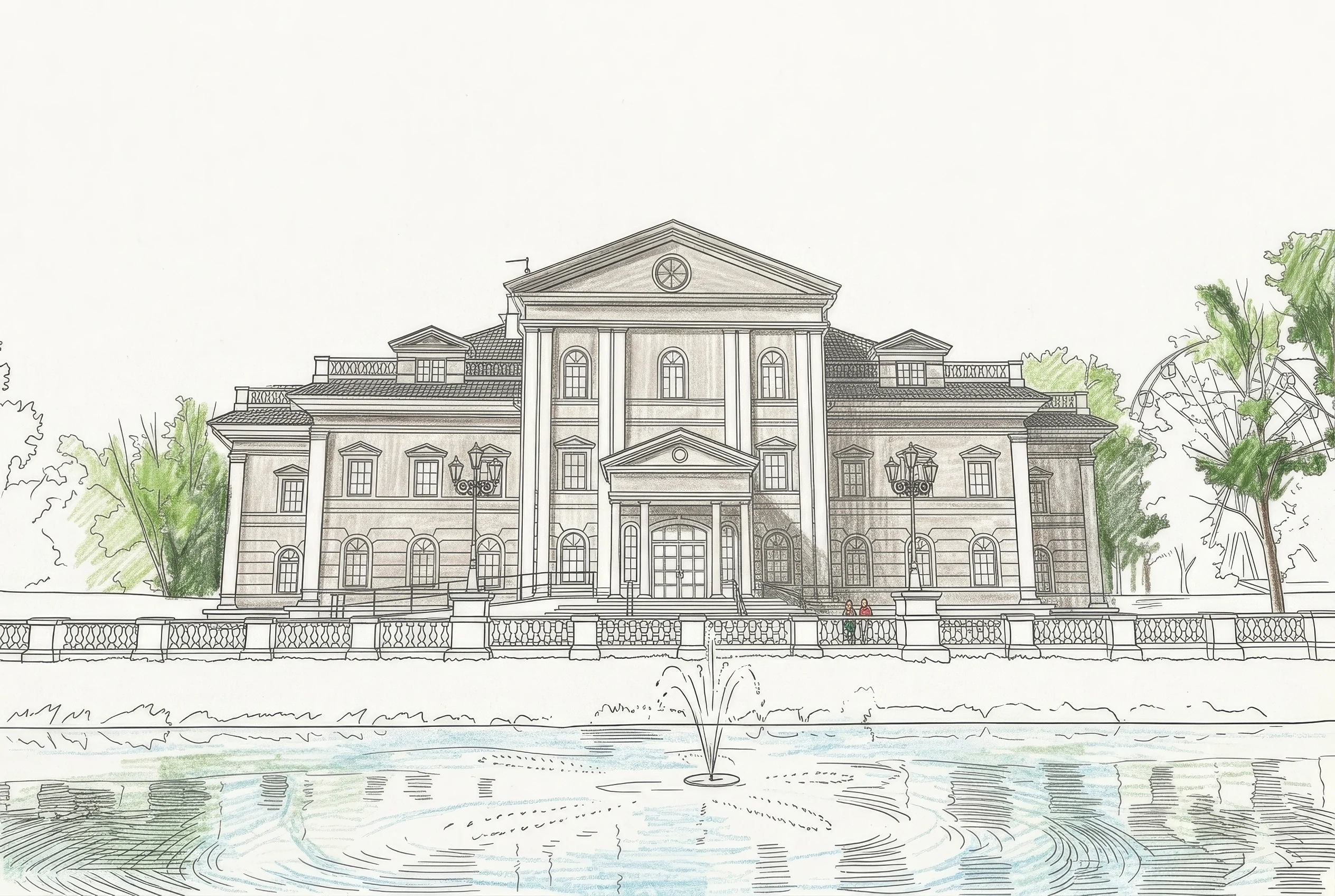 The same drawing with colour laid in: green washes across the trees and the bank, the mansion tinted grey and white, pale blue water, and the pencil linework still showing through.