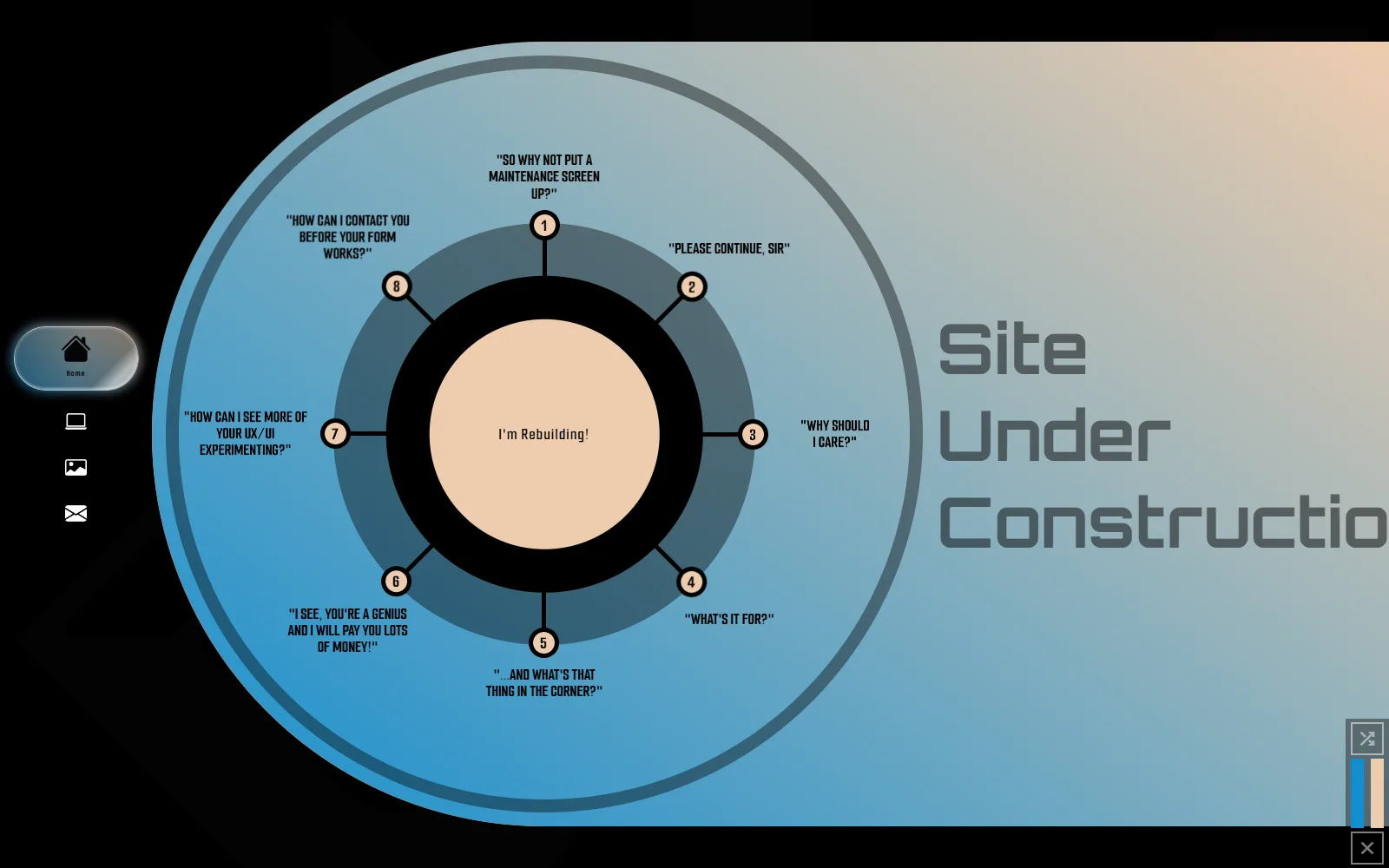 Screenshot of this site's homepage circle-graphic widget: a large blue-to-tan gradient circle with eight numbered question prompts radiating from a center reading "I'm Rebuilding!"