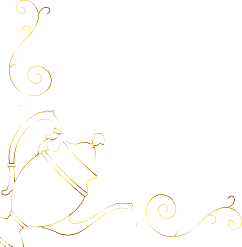 Gold line-art teapot pouring into ornamental flourish swirls